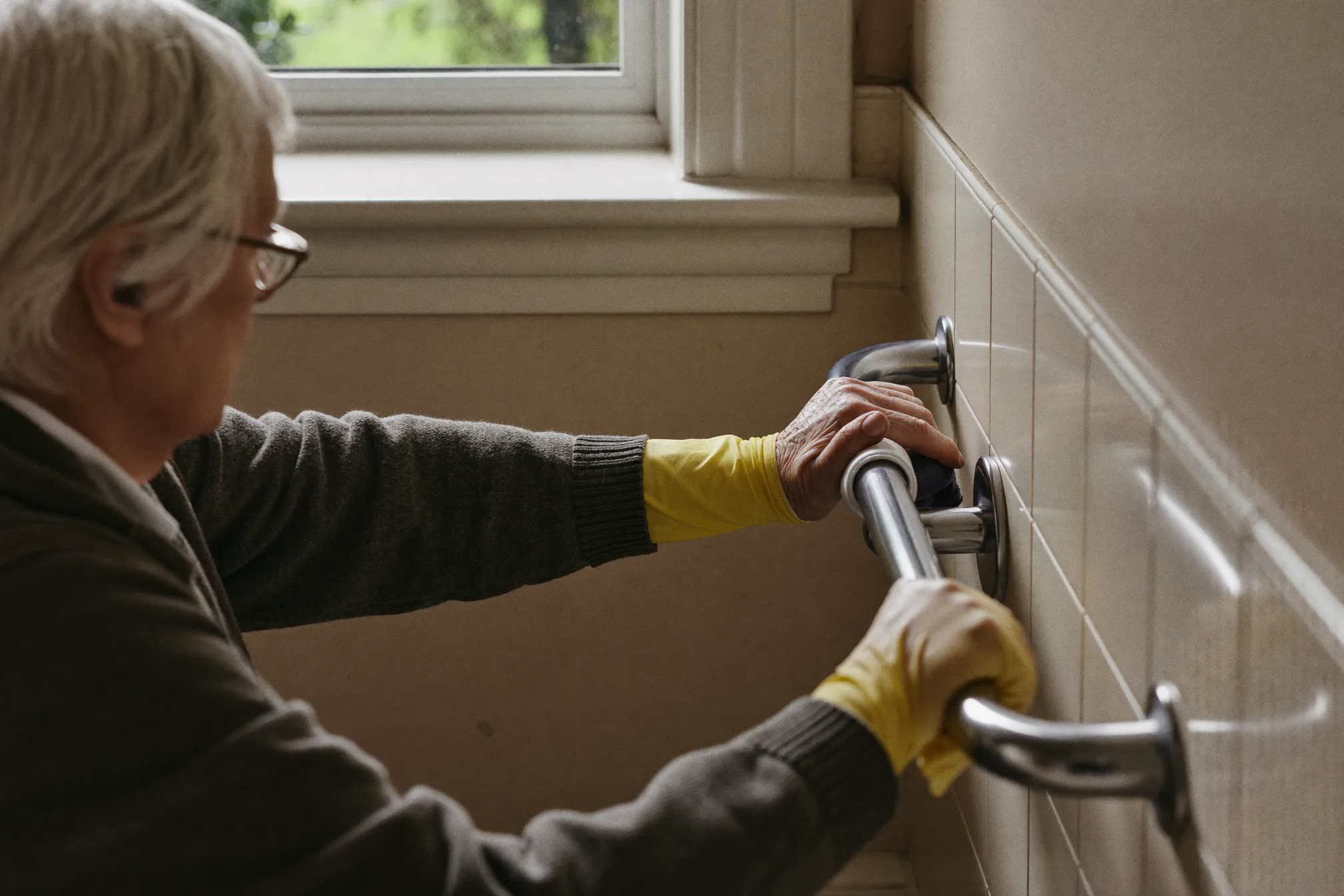 A hand in a rubber glove carefully wiping a bathroom grab rail
