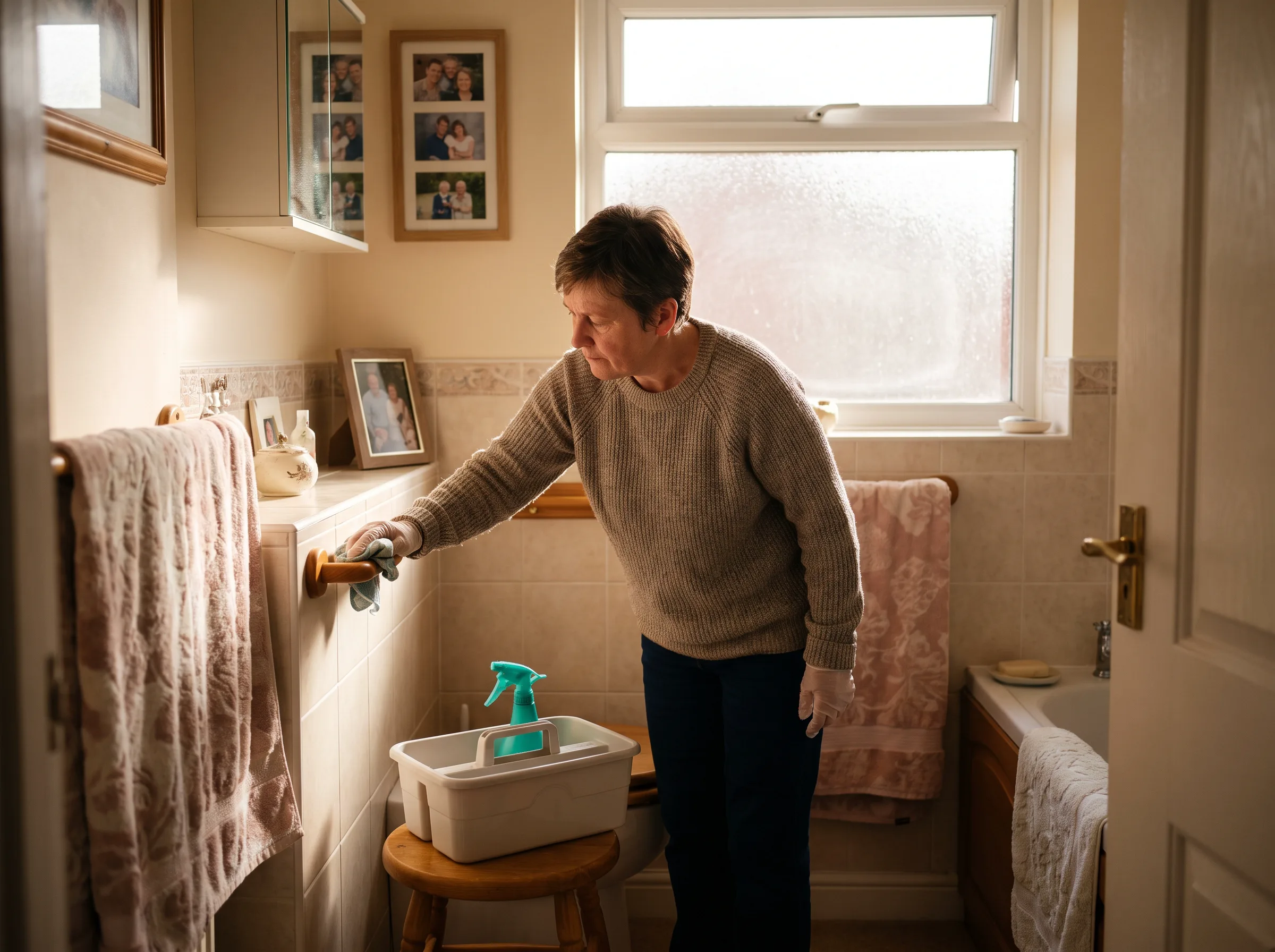 A cleaner carefully sanitising a bathroom handrail in a home suited to an elderly resident