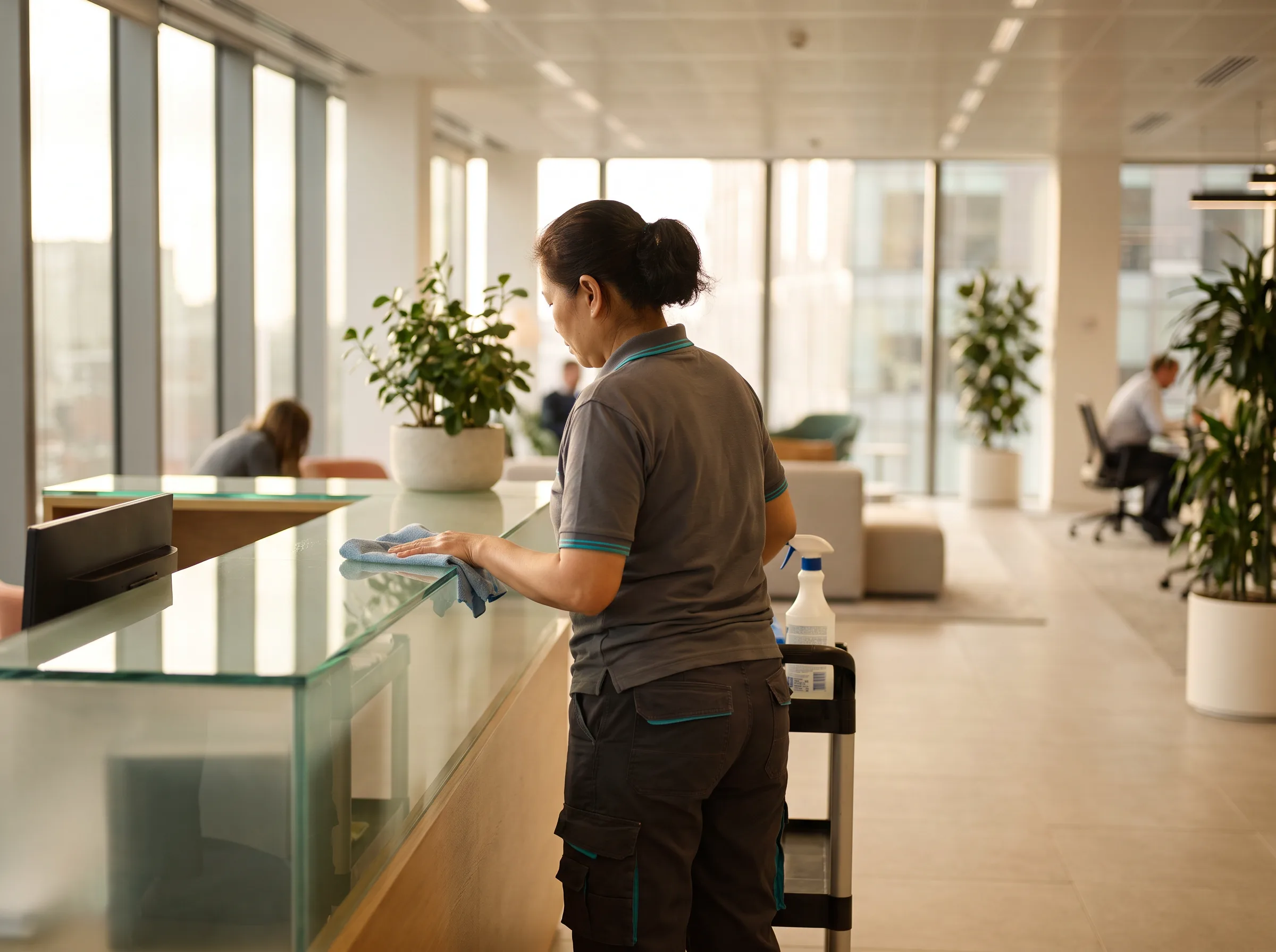 A cleaner polishing a glass reception desk in a bright modern office