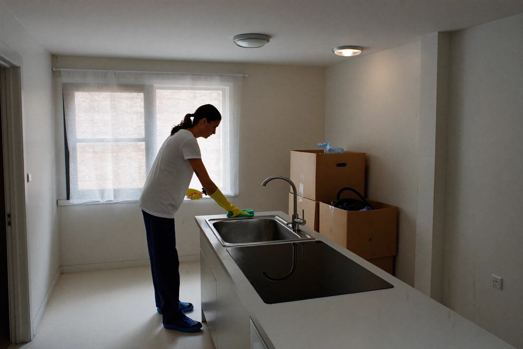 A cleaner scrubbing a kitchen countertop in an empty flat with moving boxes in the corner