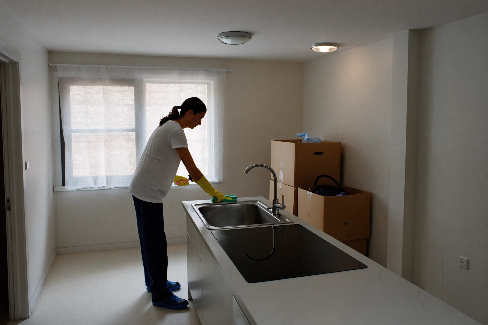 A cleaner scrubbing a kitchen countertop in an empty flat with moving boxes in the corner