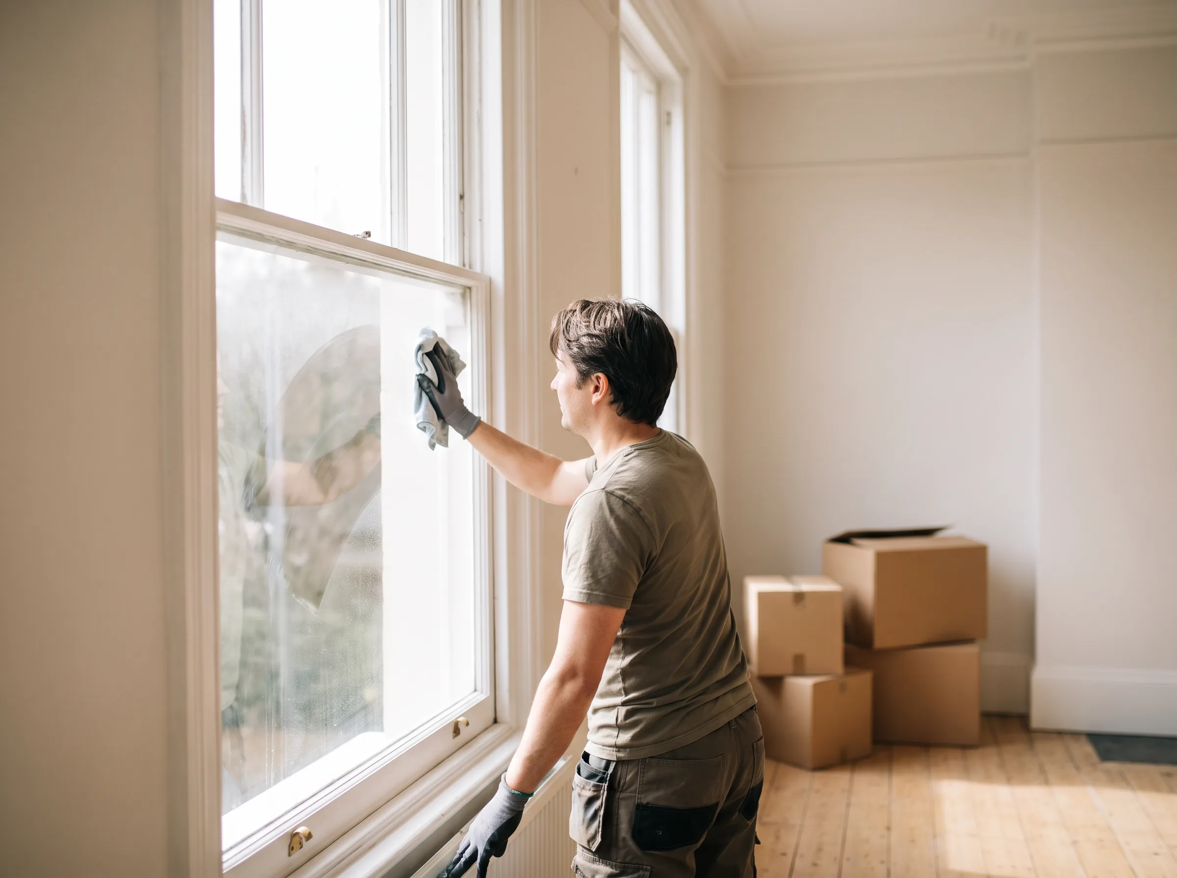 A cleaner deep-cleaning an empty flat with moving boxes in the background