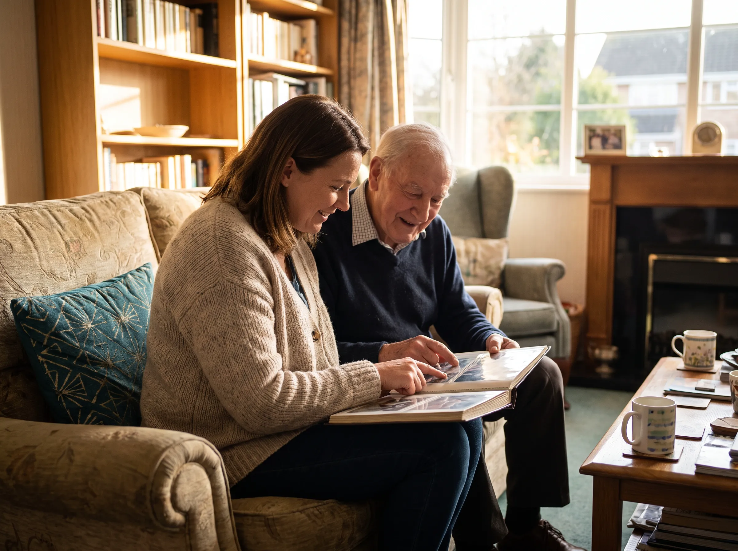 A support worker and an elderly man looking through a photo album together on the sofa