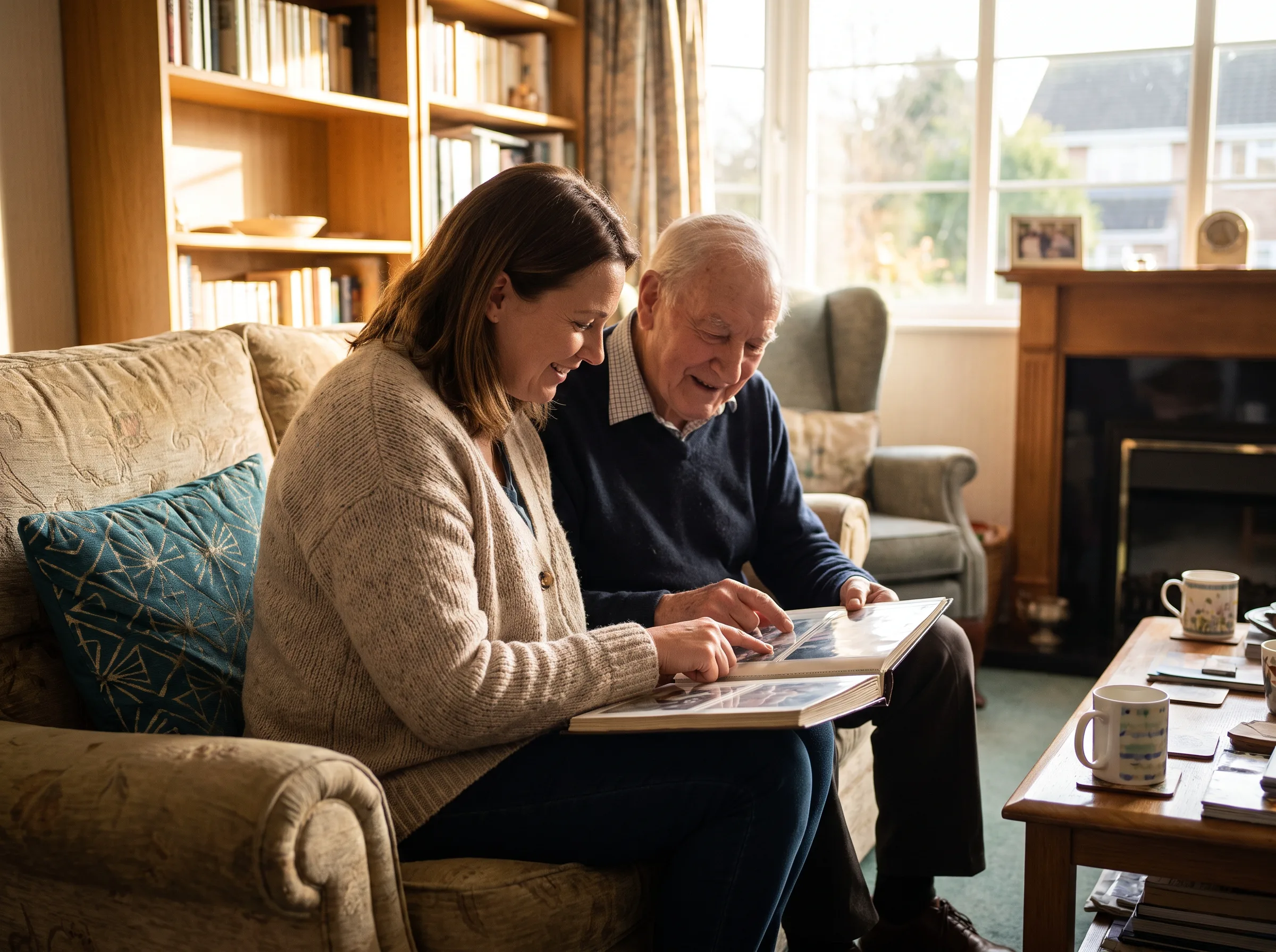 A support worker and an elderly man looking through a photo album together on the sofa