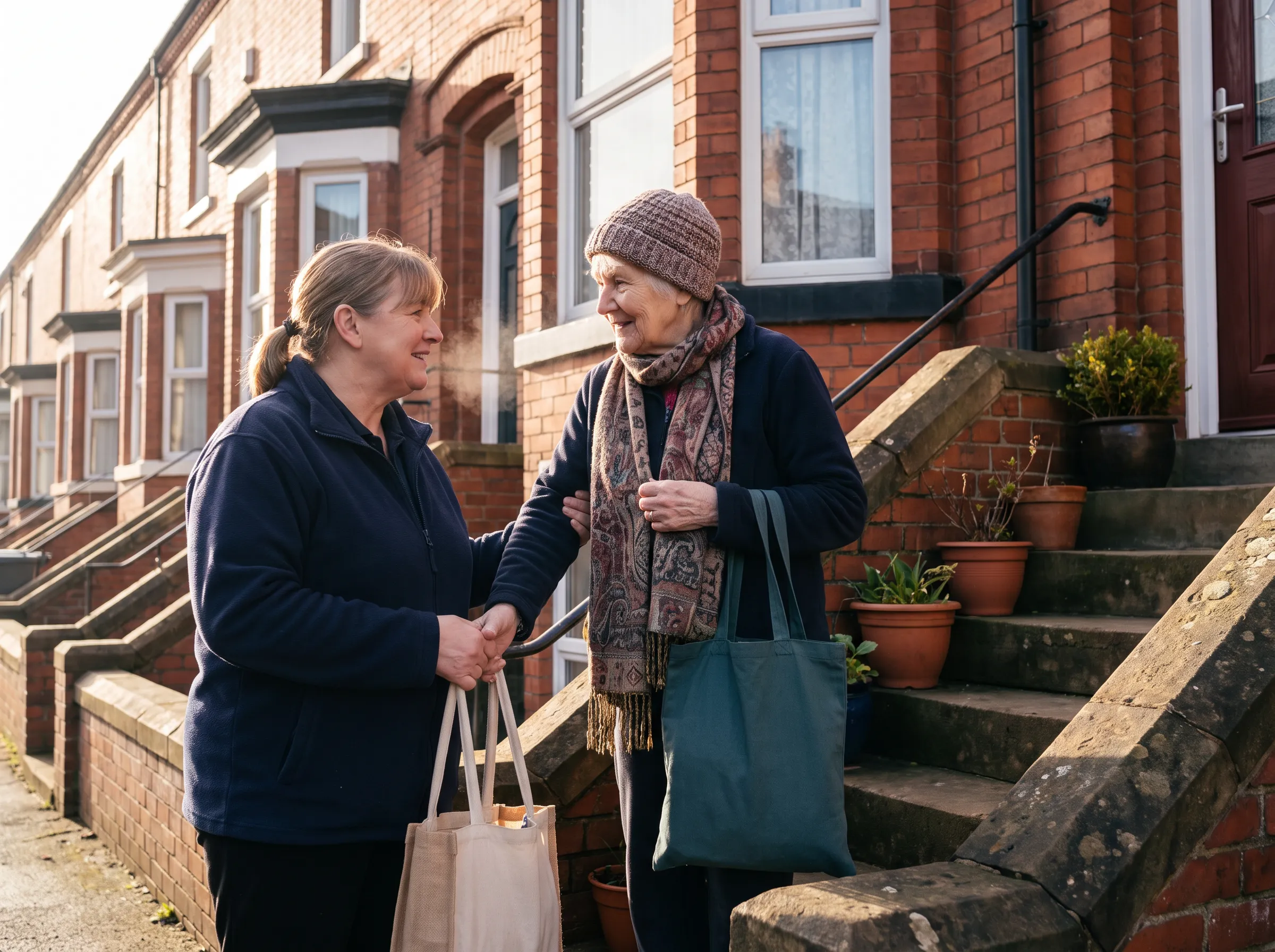 A support worker helping an elderly woman carry shopping bags up her front steps