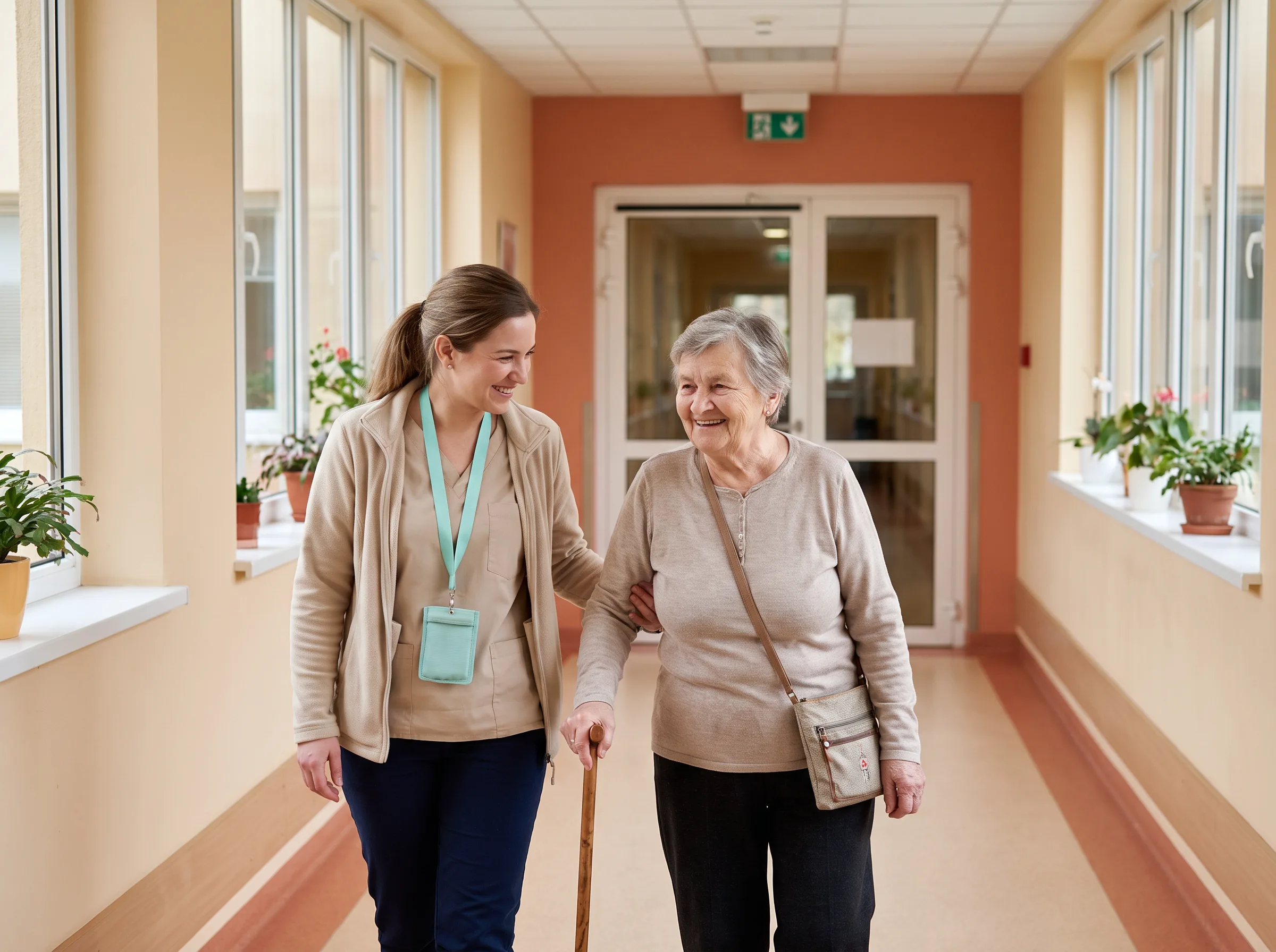A support worker walking alongside an elderly woman with a walking stick down a hospital corridor